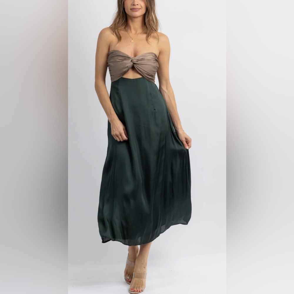 MABLE Anthropologie Strapless Cut Out Satin Flowy Midi Dress size S NWOT